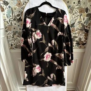 WHBM black floral pink & black dress with bell sleeves